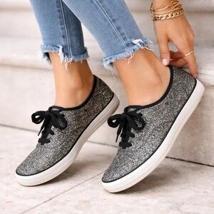 Nanette Lepore for Keds Silver Pewter Glitter Lace-Up Sneakers Size 9.5 Sparkle